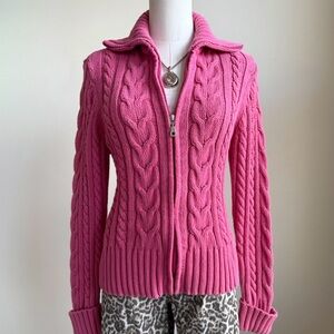 Charter Club Sweater Zip Up Cable Knit Carnation Pink Cotton Blend L Mockneck